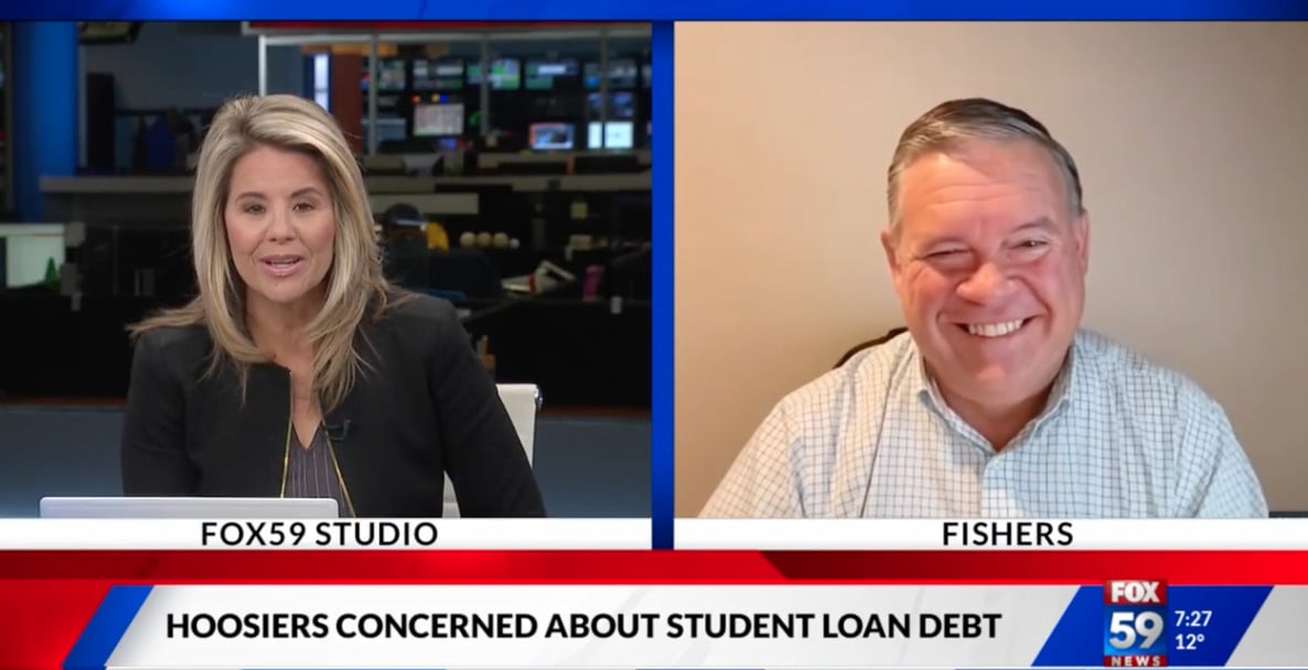 Screenshot of FOX59 interview about student loan debt concerns