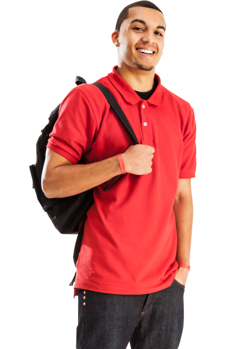 A jaunty college student in a red polo, holding a backpack over one shoulder