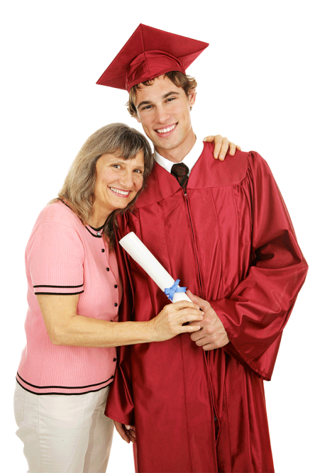 A proud but short mother stands next to her incredibly tall son, who is decked out in a red cap and gown